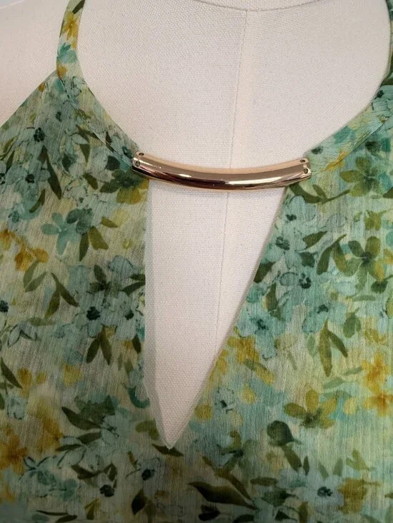 Floral Halter Midi Dress Green Yellow Tiered Feminine Spring Dress - Picture 3 of 6